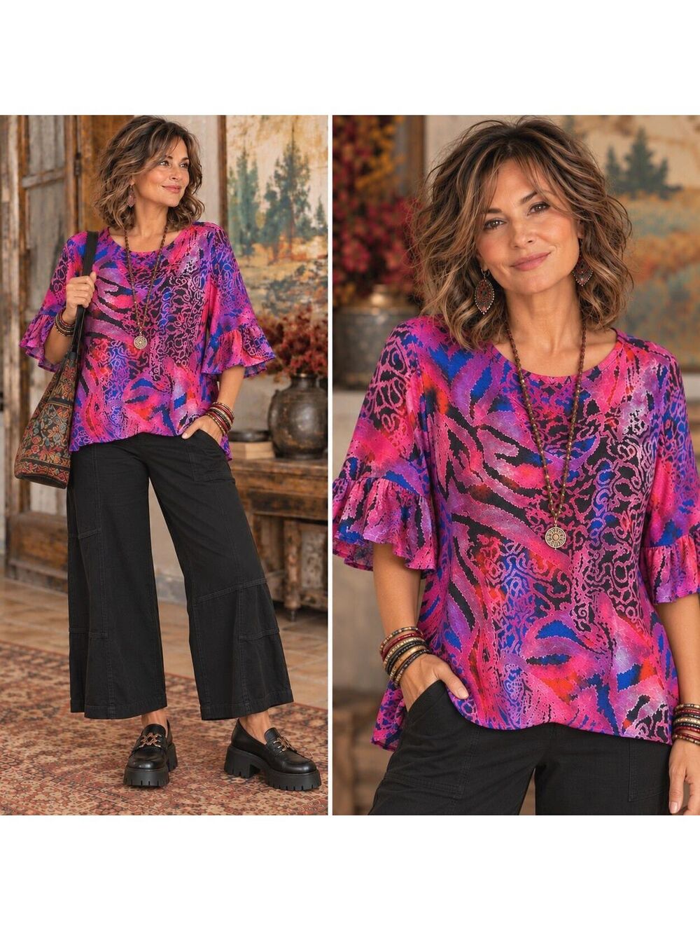 Calessa Top Womens 1X Fuchsia Colorful Burnout Creative Professional Artsy